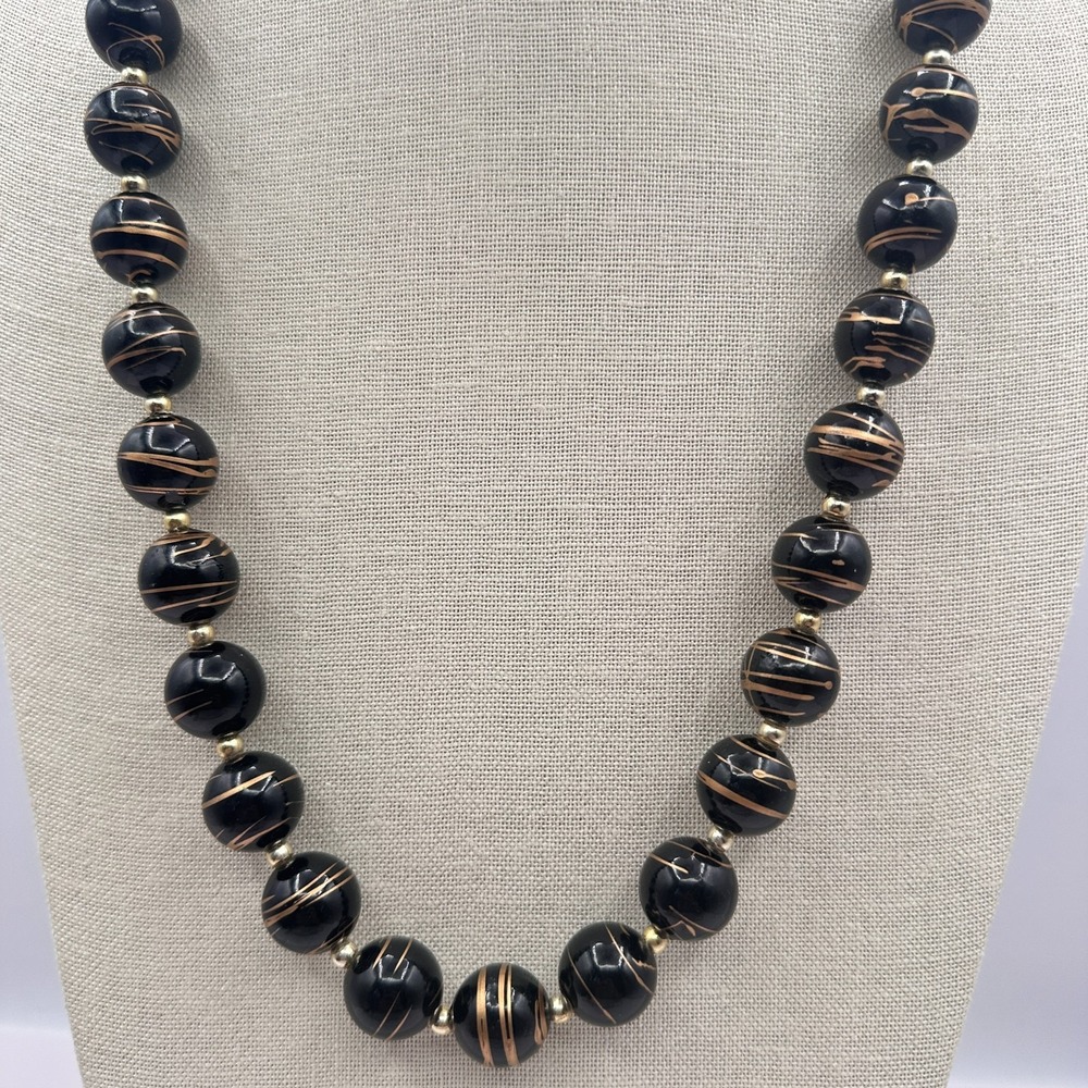 Vintage Y2K Black Gold Swirl Beaded Necklace Statement Women's Classic Jewelry